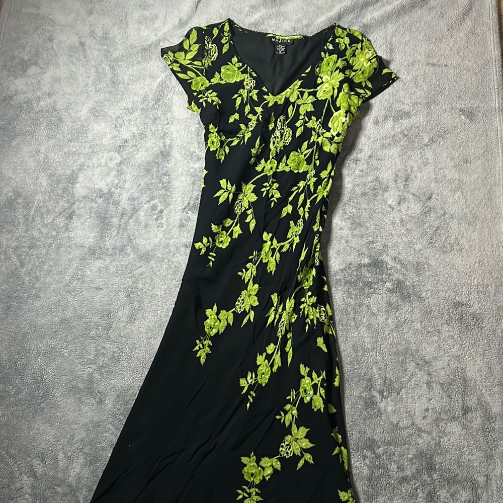 90s Y2K Vintage Majick Mesh Maxi Dress M Medium Black Floral Sequin